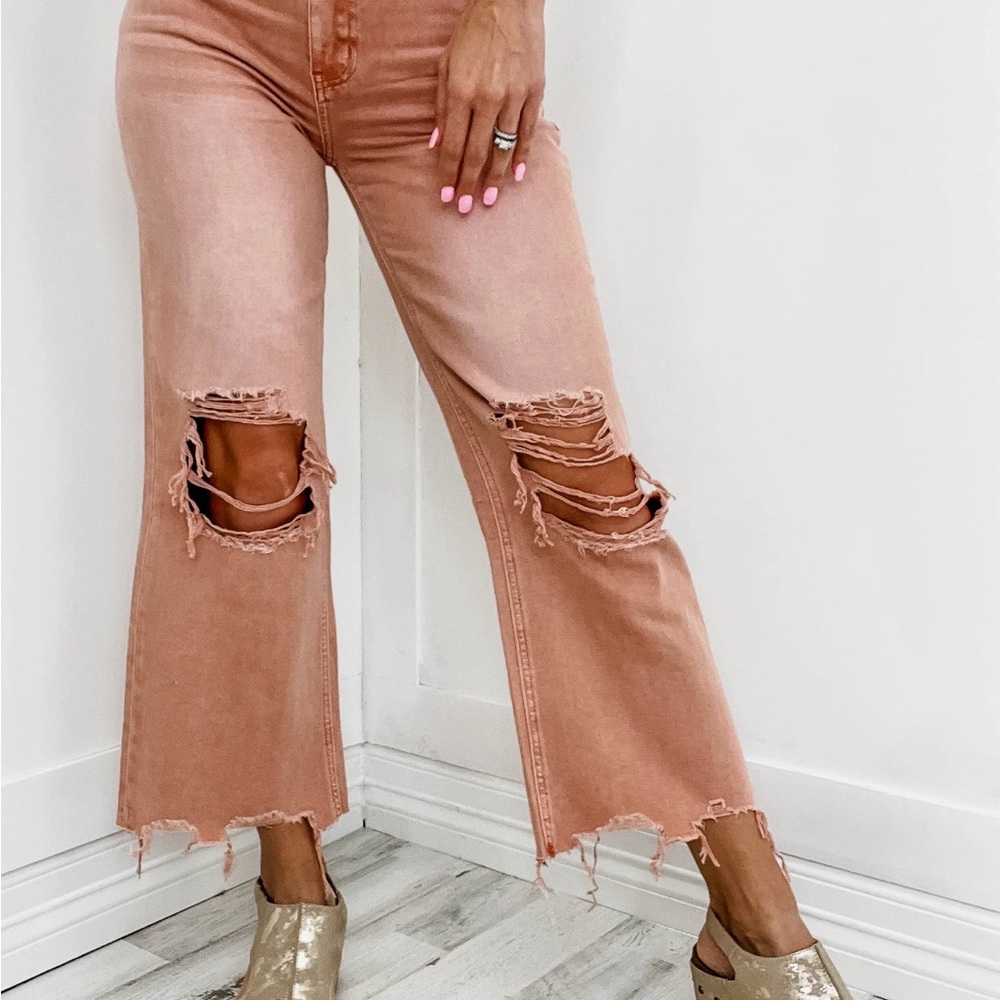 VERVET 11/30 High-Rise Cropped Distressed Jeans - Dusty Rose